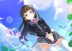 Rule 34 | 1girl, absurdres, black hair, black jacket, blue eyes, blue skirt, blush, bow, bowtie, card (medium), card parody, cinderella girls card parody, closed mouth, cloud, clover, commentary, day, from below, hair ornament, hairclip, highres, jacket, kii (fys-a), long hair, looking at viewer, miniskirt, nijisanji, outdoors, pink bow, pink bowtie, plaid, plaid skirt, pleated skirt, school uniform, skirt, solo, thighhighs, thighs, tsukino mito, tsukino mito (1st costume), twitter username, virtual youtuber, white thighhighs