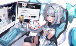 Rule 34 | 1girl, absurdres, balloon, cake, chair, food, gaming chair, highres, keyboard (computer), monitor, riko (rik0ring), sitting, solo, swivel chair, virtual youtuber, white background