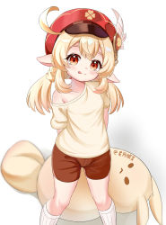 Rule 34 | 1girl, :q, absurdres, ahoge, arms behind back, artist name, blonde hair, child, elf, feathers, genshin impact, hat, hat feather, highres, hoshitsuki higan, klee (genshin impact), long hair, off shoulder, pointy ears, red eyes, red hat, red shorts, shirt, short shorts, short sleeves, shorts, simple background, smile, solo, thighs, tongue, tongue out, twintails, white shirt