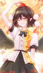 Rule 34 | 1girl, bird wings, black bow, black bowtie, black hair, black skirt, black wings, blush, bow, bowtie, center frills, collared shirt, cowboy shot, eyelashes, feathered wings, frills, hand on headwear, hat, hourai kiriri, leaf print, one eye closed, open mouth, pointy ears, pom pom (clothes), puffy short sleeves, puffy sleeves, red eyes, red hat, shameimaru aya, shirt, short hair, short sleeves, skirt, tassel, tengu, tokin hat, touhou, white shirt, wings