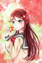 Rule 34 | 1girl, artist name, artist request, autumn leaves, blush, bow, bowtie, breasts, brown hair, buttons, collarbone, collared shirt, female focus, from behind, grey sailor collar, hair between eyes, hair ornament, hairclip, highres, holding, holding leaf, leaf, long hair, long sleeves, looking at viewer, looking back, love live!, love live! sunshine!!, orange leaves, parted lips, red bow, red hair, sailor collar, sakurauchi riko, school uniform, shirt, smile, solo, upper body, uranohoshi school uniform, white shirt, yellow eyes