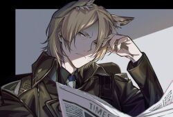 Rule 34 | 1boy, animal ear fluff, animal ears, arknights, black jacket, blonde hair, blue shirt, border, collared shirt, glaring, grey background, hand on own head, hand up, holding, holding newspaper, horse boy, horse ears, ieiieiiei, jacket, looking at viewer, male focus, mlynar (arknights), necktie, newspaper, parted bangs, shaded face, shadow, shirt, short hair, simple background, solo, upper body, white necktie, yellow eyes