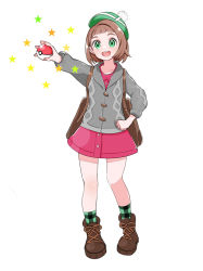 Rule 34 | 1girl, :d, alternate eye color, backpack, bag, bob cut, boots, brown bag, brown footwear, brown hair, buttons, cable knit, cardigan, collared dress, commentary request, creatures (company), dress, eyelashes, full body, game freak, gloria (pokemon), green eyes, green hat, green socks, grey cardigan, hand on own hip, hat, highres, holding, holding poke ball, hooded cardigan, myuu (user nvsc5288), nintendo, open mouth, pink dress, plaid, plaid legwear, poke ball, poke ball (basic), pokemon, pokemon swsh, short hair, simple background, smile, socks, solo, standing, star (symbol), tachi-e, tam o&#039; shanter, teeth, tongue, upper teeth only, white background