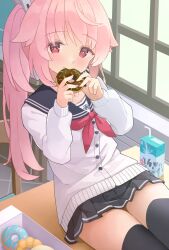 Rule 34 | 1girl, absurdres, black sailor collar, black skirt, black thighhighs, blue archive, blush, buttons, cardigan, closed mouth, cowboy shot, doughnut, drinking straw, food, highres, holding, holding food, long hair, long sleeves, milk carton, natsu (blue archive), neckerchief, nomio, pink hair, pleated skirt, red eyes, red neckerchief, sailor collar, side ponytail, sitting, skirt, solo, thighhighs, white cardigan