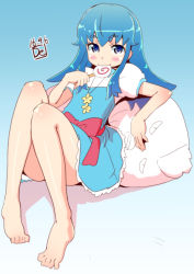 Rule 34 | 10s, 1girl, barefoot, blue background, blue eyes, blue hair, blush, candy, dated, de (deys), eyebrows, feet, food, gradient background, happinesscharge precure!, legs, long hair, looking at viewer, matching hair/eyes, precure, shirayuki hime, solo