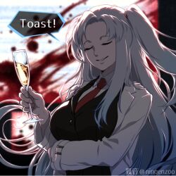 Rule 34 | 1girl, alcohol, angela (project moon), black vest, blood, blood splatter, blue hair, breasts, champagne, champagne flute, closed eyes, collared shirt, commentary request, cup, drinking glass, english text, holding, holding cup, ko-on (ningen zoo), lab coat, large breasts, light blue hair, lobotomy corporation, long hair, long sleeves, necktie, project moon, red necktie, shirt, side ponytail, smile, solo, upper body, vest, white shirt