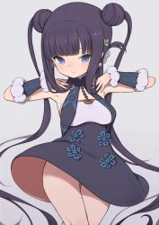 Rule 34 | 1girl, bare shoulders, black dress, black hair, blue eyes, blunt bangs, breasts, chinese clothes, detached sleeves, double bun, dress, fate/grand order, fate (series), gamuo, grey background, hair bun, hair ornament, leaf hair ornament, long hair, medium breasts, sidelocks, simple background, smile, solo, thigh gap, thighs, twintails, very long hair, yang guifei (fate), yang guifei (first ascension) (fate)