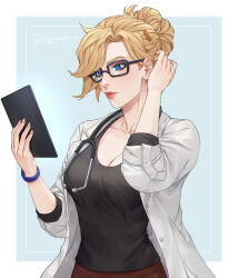 Rule 34 | 1girl, artist name, black-framed eyewear, black tank top, blonde hair, blue background, blue eyes, border, bracelet, breasts, cleavage, collarbone, commentary, cowboy shot, earrings, english commentary, fingernails, hair bun, hand in own hair, highres, holding, holding tablet pc, jacket, jewelry, lab coat, large breasts, lips, long fingernails, looking at viewer, mercy (overwatch), nail polish, necklace, open clothes, overwatch, rezoeline, shirt, short hair, signature, single hair bun, solo, stethoscope, swept bangs, tablet pc, tank top, white border