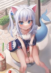 Rule 34 | 1girl, animal ears, bad id, bad pixiv id, bare arms, bare legs, blue eyes, blush, breasts, casual, cat ears, chirang, closed mouth, collarbone, cup, day, drinking straw, fang, fang out, female focus, fins, fish tail, food, frills, from above, fruit, gawr gura, gawr gura (casual), hair ornament, highres, hololive, hololive english, kemonomimi mode, long hair, looking at viewer, multicolored hair, off shoulder, outdoors, shark girl, shark tail, shirt, sidelocks, sitting, sleeveless, small breasts, smile, solo, strawberry, streaked hair, tail, thighs, twintails, virtual youtuber, white hair, white shirt