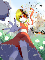 Rule 34 | 1girl, ascot, ashes, bad id, bad pixiv id, blonde hair, blue sky, bush, cloud, collared shirt, colored sclera, cropped vest, crying, day, dissolving, fingernails, flandre scarlet, flower, foreshortening, frilled skirt, frills, hat, kneehighs, long skirt, looking at viewer, mob cap, okahi, outdoors, pale skin, petals, pov, puffy short sleeves, puffy sleeves, red sclera, red skirt, sad, scarlet devil mansion, sharp fingernails, shirt, short hair, short sleeves, skirt, sky, socks, solo, sunlight, teardrop, tears, touhou, tree shade, vest, wrist cuffs