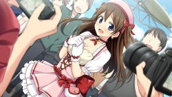 Rule 34 | 1girl, alternate costume, blue eyes, blush, bow, breasts, brown hair, camera, cleavage, cloud, cloudy sky, day, digital camera, dress, game cg, gloves, go! go! nippon! 2015, go! go! nippon! ~my first trip to japan~, hair bow, hands on own chest, long hair, medium breasts, misaki makoto (go! go! nippon!), no eyes, non-web source, official art, open mouth, outdoors, puffy sleeves, sky, solo focus, twintails