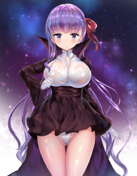 Rule 34 | 10s, 1girl, bad id, bad pixiv id, bb (fate), bb (fate/extra), blush, breasts, cleavage, commentary request, fate/extra, fate/extra ccc, fate (series), gloves, gluteal fold, hair ribbon, high-waist skirt, highres, large breasts, legs together, long hair, looking at viewer, panties, parted lips, ponytail korosuke, purple eyes, purple hair, red ribbon, ribbon, see-through, shiny skin, skirt, solo, standing, thigh gap, thighhighs, underwear, very long hair, wet, wet clothes, white gloves, white panties