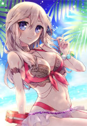 Rule 34 | 1girl, alisa ilinichina amiella, arm strap, bare shoulders, beach, bikini, black choker, blue eyes, blue sky, bracelet, bracer, breasts, choker, cleavage, closed mouth, cloud, collarbone, commentary, cowboy shot, day, flower, front-tie bikini top, front-tie top, god eater, groin, hair between eyes, hair flower, hair ornament, hand up, highres, io (1033k), jewelry, lace-trimmed choker, lace trim, large breasts, layered bikini, long hair, looking at viewer, midriff, navel, necklace, ocean, outdoors, palm leaf, red bikini, see-through, see-through skirt, sidelocks, silver hair, sitting, skirt, sky, smile, solo, swimsuit