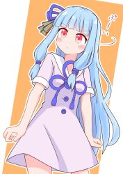 Rule 34 | 1girl, blue hair, blunt bangs, blush stickers, buttons, clenched hands, dress, flower knot, hair ornament, hair ribbon, highres, himajin narou, kotonoha aoi, long hair, pursed lips, red eyes, ribbon, rope, sailor dress, short sleeves, sidelocks, solo, translation request, turning head, v-shaped eyebrows, very long hair, voiceroid