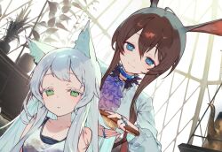 2girls amiya_(arknights) animal_ear_fluff animal_ears arknights blue_eyes brown_hair brushing_another&#039;s_hair brushing_hair cat_ears cat_girl closed_mouth commentary_request green_eyes grey_hair hair_brush holding holding_hair_brush jewelry long_hair long_sleeves multiple_girls multiple_rings noco_(adamas) official_art parted_lips rabbit_ears rabbit_girl ring rosmontis_(arknights) sidelocks smile