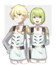 Rule 34 | 10s, 1boy, 1girl, arms behind back, blonde hair, bob cut, cropped torso, darling in the franxx, gloves, green eyes, green hair, grey eyes, hand on own hip, looking at viewer, military, military uniform, nine alpha (darling in the franxx), nine delta, open mouth, pants, uniform, white gloves, white pants