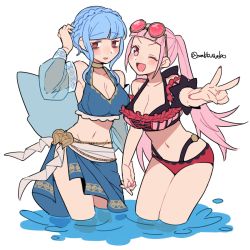 Rule 34 | 2girls, alternate costume, bare shoulders, bikini, blue hair, blue nails, blush, braid, breasts, brown eyes, cleavage, do m kaeru, eyewear on head, female focus, fire emblem, fire emblem: three houses, fire emblem heroes, french braid, holding hands, hilda valentine goneril, large breasts, looking at viewer, looking to the side, marianne von edmund, matching hair/eyes, midriff, multiple girls, nail polish, navel, nintendo, official alternate costume, one eye closed, pink eyes, pink hair, pink nails, ponytail, side-tie bottom, sunglasses, sunglasses on head, swimsuit, water, wink, yuri