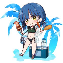 Rule 34 | 1girl, bikini, blue hair, blush, bocchi the rock!, breasts, chibi, chika (06chimika13), cleavage, cleavage cutout, closed mouth, clothing cutout, collarbone, earrings, food, green bikini, hair ornament, hairclip, headphones, headphones around neck, holding, holding food, jewelry, large breasts, long sleeves, looking at viewer, mole, mole under eye, navel, short hair, solo, stud earrings, swimsuit, yamada ryo, yellow eyes