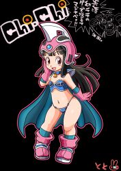 Rule 34 | 1boy, 1girl, absurdres, armor, bell, bikini, bikini armor, black background, black eyes, black hair, blue bikini, blue cape, blue socks, boots, breasts, cape, character name, chi-chi (dragon ball), child, choker, dragon ball, dragon ball (classic), full body, gloves, hand on own cheek, hand on own face, helmet, highres, long hair, navel, nazca (rapid-rabbit&#039;s), oolong, open mouth, pauldrons, pink footwear, pink gloves, pink headwear, shoulder armor, simple background, small breasts, smile, socks, swimsuit, thighs, translation request