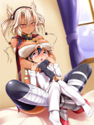 Rule 34 | 10s, 1boy, 1girl, admiral (kancolle), black gloves, black hair, blonde hair, blush, breast rest, breasts, breasts on head, dark-skinned female, dark skin, fingerless gloves, glasses, gloves, kantai collection, large breasts, crossed legs, little boy admiral (kancolle), long hair, musashi (kancolle), personification, red eyes, ron-bb69, sarashi, short hair, smile, socks, thighhighs, tsubuki (ron-bb69)