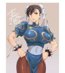 Rule 34 | 1girl, blue dress, bracelet, breasts, brown hair, brown pantyhose, bun cover, capcom, china dress, chinese clothes, chun-li, covered navel, double bun, dress, earrings, hair bun, hands on own hips, highres, huge breasts, jewelry, large breasts, light smile, pantyhose, parted lips, pelvic curtain, puffy short sleeves, puffy sleeves, sena zombienu, short sleeves, side slit, smile, solo, spiked bracelet, spikes, street fighter, yellow eyes