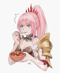 Rule 34 | 1girl, armor, blue eyes, bowl, breasts, bridal gauntlets, cleavage, da-cart, eating, food, hands up, highres, holding, holding bowl, holding spoon, long hair, medium breasts, pink hair, ponytail, portrait, shionne (tales), shoulder armor, simple background, solo, spoon, tales of (series), tales of arise, tiara, white background