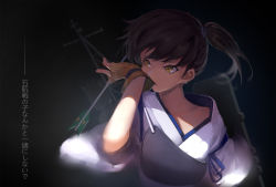 Rule 34 | 1girl, adjusting clothes, adjusting gloves, arrow (projectile), biting, brown hair, collarbone, commentary request, fingerless gloves, glove biting, gloves, highres, japanese clothes, kaga (kancolle), kantai collection, ponytail, profile, revision, short hair, side ponytail, sola7764, solo, translation request, yellow eyes