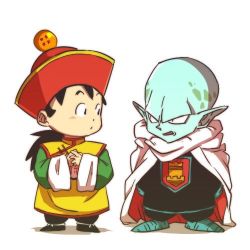 Rule 34 | 2boys, age difference, artist request, black hair, cape, child, demon, dragon ball, dragonball z, fangs, garlic jr., hat, long hair, lowres, multiple boys, son gohan, standing