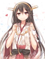 Rule 34 | 10s, 1girl, bare shoulders, black hair, blush, detached sleeves, hairband, haruna (kancolle), japanese clothes, kantai collection, komeshiro kasu, long hair, nontraditional miko, open mouth, smile, solo, thighhighs, white background