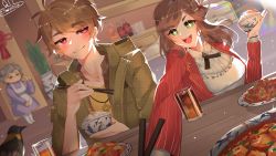 Rule 34 | 2girls, :d, apron, boots, bowl, brown eyes, brown hair, bunniluudraws, chopsticks, closed eyes, closed mouth, dress, food, full body, glass, green eyes, green jacket, grey hair, highres, holding, holding bowl, holding chopsticks, iced tea, jacket, jewelry, key, luke pearce (tears of themis), multiple girls, necklace, old, old woman, open clothes, open jacket, open mouth, purple dress, red jacket, restaurant, rice, rosa (tears of themis), shirt, smile, tears of themis, thumbs up, white footwear, white shirt, yellow shirt