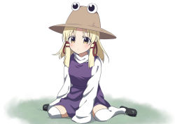 Rule 34 | 1girl, bad id, bad pixiv id, black footwear, blonde hair, blush, breasts, brown hat, closed mouth, commentary request, dress, hat, kakulyon, long hair, looking at viewer, moriya suwako, on ground, purple dress, pyonta, shirt, sidelocks, simple background, sitting, sleeves past fingers, sleeves past wrists, small breasts, solo, thighhighs, touhou, turtleneck, wariza, white background, white shirt, white thighhighs, yellow eyes, zettai ryouiki
