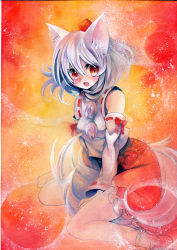 Rule 34 | 1girl, acrylic paint (medium), animal ears, between legs, detached sleeves, fang, female focus, hat, inubashiri momiji, looking at viewer, mosho, open mouth, painting (medium), red eyes, shirt, short hair, silver hair, sitting, skirt, smile, solo, tail, tail between legs, tokin hat, touhou, traditional media, wariza, watercolor (medium), wolf ears, wolf tail