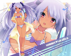 Rule 34 | 10s, 1girl, :d, :o, anklet, bare shoulders, beads, bikini, bikini under clothes, blue bikini, bow, bracelet, cardfight!! vanguard, dark skin, dutch angle, english text, feet, flat chest, food, full body, hair ribbon, halftone, hand on own hip, heart, holding, huryuuzaki, jewelry, lace, leyte (cardfight!! vanguard), light purple hair, long hair, looking at viewer, multiple views, musical note, navel, necklace, off shoulder, open clothes, open mouth, popsicle, purple hair, red eyes, ribbon, sandals, shadow, shirt, smile, staff (music), standing, star (symbol), striped bikini, striped clothes, swimsuit, swimsuit under clothes, thigh gap, toes, treble clef, twintails, zoom layer