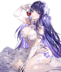 Rule 34 | 1girl, absurdres, bare shoulders, blush, breasts, cleavage, genshin impact, highres, large breasts, long hair, looking at viewer, nevakuma (fanfanas), open mouth, purple eyes, purple hair, raiden shogun, solo, thighhighs, thighs, very long hair, white background