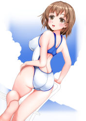 Rule 34 | 1girl, ass, brown eyes, brown hair, competition swimsuit, covered erect nipples, from behind, looking back, mashinatsu, one-piece swimsuit, original, reiji-sss, short hair, skin tight, solo, swimsuit