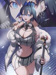 Rule 34 | 1girl, absurdres, blue eyes, blue hair, breasts, cleavage, coat, contrapposto, cosplay, goddess of victory: nikke, highres, holding, holding microphone, hololive, hololive english, idol, idol clothes, large breasts, looking at viewer, microphone, microphone stand, necktie, noise (classic diva) (nikke), noise (nikke), noise (nikke) (cosplay), o22no, open mouth, ouro kronii, puffy coat, puffy sleeves, smile, solo, stage, stage lights, twisted torso, vertical-striped clothes, vertical-striped necktie, virtual youtuber