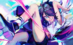 Rule 34 | 1girl, glasses on head, hair over one eye, highres, necktie, open mouth, original, shorts, solo, synibread