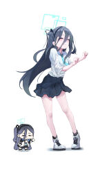 Rule 34 | 1girl, alternate hair length, alternate hairstyle, aqua necktie, aris (blue archive), black hair, black skirt, blue archive, blush, chibi, chibi inset, closed eyes, closed mouth, collared shirt, commentary request, dancing, derivative work, full body, hair between eyes, halo, heel up, highres, inset, legs, long bangs, long hair, multiple views, necktie, one side up, pleated skirt, ponzueaka, school uniform, sechi (sechihyeo), shirt, shoes, simple background, skirt, smile, sneakers, standing, white background, white footwear, white shirt