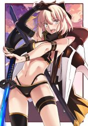 Rule 34 | 1girl, :d, ahoge, arm strap, arm up, bad id, bad pixiv id, bare shoulders, bikini, black bikini, black gloves, black scarf, black thighhighs, blonde hair, blush, breasts, brown eyes, cloud, cloudy sky, elbow gloves, fate/grand order, fate (series), gloves, gluteal fold, highres, holding, holding sword, holding weapon, katana, leaning back, looking at viewer, multi-strapped bikini, navel, okita j. souji (first ascension) (fate), okita souji (fate), okita souji (koha-ace), open mouth, scarf, sheath, short hair, single glove, single thighhigh, sky, small breasts, smile, solo, stomach, sweatband, swimsuit, sword, teeth, thigh strap, thighhighs, unsheathed, upper teeth only, weapon, yuchio