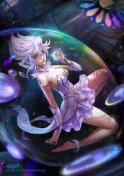 Rule 34 | 1girl, anklet, blue eyes, bracer, breasts, cleavage, detached collar, detached sleeves, dress, elementalist lux, highres, jewelry, kusanagi lin, large breasts, league of legends, light elementalist lux, lux (league of legends), sideboob, solo, strapless, strapless dress, tagme, white hair