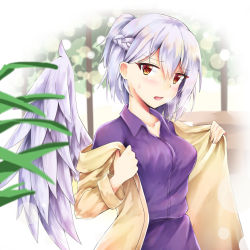 Rule 34 | 1girl, absurdres, akiteru (akiteru98), blush, braid, breasts, breath, collarbone, commentary request, dress, feathered wings, french braid, hair between eyes, highres, jacket, kishin sagume, long sleeves, looking at viewer, medium breasts, off shoulder, open clothes, open jacket, open mouth, plant, purple dress, red eyes, short hair, silver hair, single wing, solo, sweat, touhou, upper body, white wings, wing collar, wings, yellow jacket
