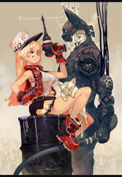 Rule 34 | &gt; o, 1girl, armpits, barrel, blonde hair, blue eyes, boots, bra, cat, drill, drum (container), dual wielding, facial mark, from side, gloves, grin, hat, holding, letterboxed, long hair, looking at viewer, mecha, navel, one eye closed, original, pleated skirt, red gloves, robot, screwdriver, see-through, sitting, skirt, smile, solo, star (symbol), star facial mark, toridamono, underwear, vest, wire