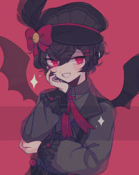 Rule 34 | bat wings, black hair, bow, collared shirt, ferocious-bite, frills, grin, hair ornament, hairclip, hat, highres, long sleeves, looking to the side, necktie, red eyes, shirt, short hair, smile, smug, trap, upper body, wings