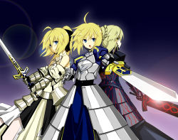 Rule 34 | 3girls, absurdres, armor, armored dress, artoria pendragon (fate), caliburn (fate), capcom, dress, excalibur (fate/stay night), excalibur morgan (fate), fate/stay night, fate/unlimited codes, fate (series), highres, multiple girls, multiple persona, saber (fate), saber alter, saber lily, sword, weapon, yasu (yossy)
