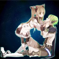 Rule 34 | 1boy, 1girl, bishounen, blush, brown eyes, brown hair, closed mouth, coma (macaron), commentary request, dress, ear covers, faize scheifa beleth, green hair, long hair, lymle lemuri phi, official alternate costume, pointy ears, smile, star ocean, star ocean the last hope, twintails