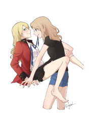Rule 34 | 10s, 2girls, alternate hairstyle, arm support, artist name, barefoot, between legs, blonde hair, blush, cropped legs, darjeeling (girls und panzer), denim, denim shorts, from side, girls und panzer, hair down, hand on another&#039;s leg, highres, kay (girls und panzer), long hair, looking to the side, loose necktie, mouth hold, multiple girls, necktie, necktie in mouth, neiigal, profile, shorts, signature, simple background, skirt, uniform, wavy mouth, white background, yuri