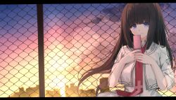 Rule 34 | 1girl, absurdres, black hair, blue eyes, blunt bangs, blunt ends, capelet, cellphone, cityscape, commentary request, cross print, fence, flip phone, floating clothes, floating hair, hands up, highres, holding, holding phone, lens flare, long hair, necktie, nodoameyatou, parted lips, phone, red necktie, school uniform, shirt, sidelocks, solo, straight hair, subarashiki hibi, sunset, takashima zakuro, twilight, upper body, very long hair, white capelet, white shirt