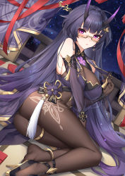 Rule 34 | 1girl, absurdres, ahoge, anklet, ass, bare shoulders, bodystocking, bodysuit, breasts, brown gloves, brown pantyhose, cleavage, closed mouth, crop top, detached sleeves, dutch angle, glasses, gloves, gold trim, hair ornament, hairpin, high heels, highres, honkai (series), honkai impact 3rd, horns, jewelry, large breasts, long hair, long sleeves, looking at viewer, oni horns, pantyhose, purple eyes, purple hair, raiden mei, raiden mei (herrscher of thunder), revealing clothes, semi-rimless eyewear, sitting, solo, thighlet, thighs, under-rim eyewear, very long hair, wu ganlan cai, yokozuwari