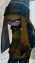 Rule 34 | 1girl, 2017, 2018, bad id, bad twitter id, beanie, bike shorts, black hat, black shorts, blonde hair, blunt bangs, closed mouth, commentary request, cowboy shot, expressionless, hands in pockets, hat, high collar, highres, hime cut, inkling, inkling girl, inkling player character, jacket, kashu (hizake), light particles, long hair, long sleeves, looking at viewer, monster girl, nintendo, pom pom (clothes), rainbow, red eyes, shade, shorts, sidelocks, signature, single vertical stripe, solo, splatoon (series), splatoon 2, standing, tentacle hair, yellow jacket, zipper, zipper pull tab