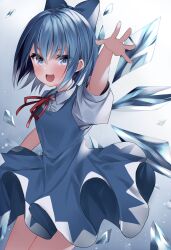 Rule 34 | 1girl, blue bow, blue dress, blue eyes, blue hair, blush, bow, cirno, commentary, detached wings, dress, hair bow, highres, ice, ice wings, komomo (ptkrx), looking at viewer, neck ribbon, open mouth, pinafore dress, puffy short sleeves, puffy sleeves, red ribbon, ribbon, short hair, short sleeves, sleeveless, sleeveless dress, smile, solo, touhou, wings